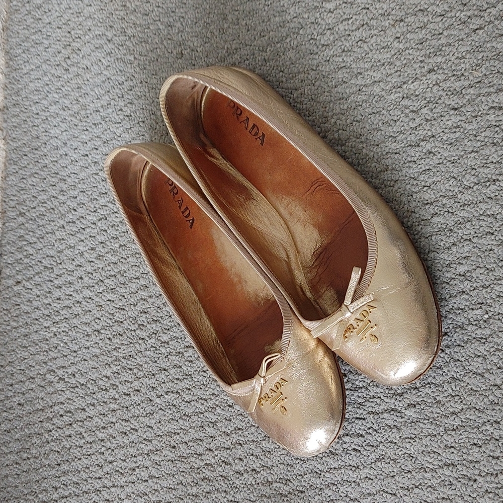 Prada Metallic Gold Leather Ballet Flats with Logo - Picture 15 of 15